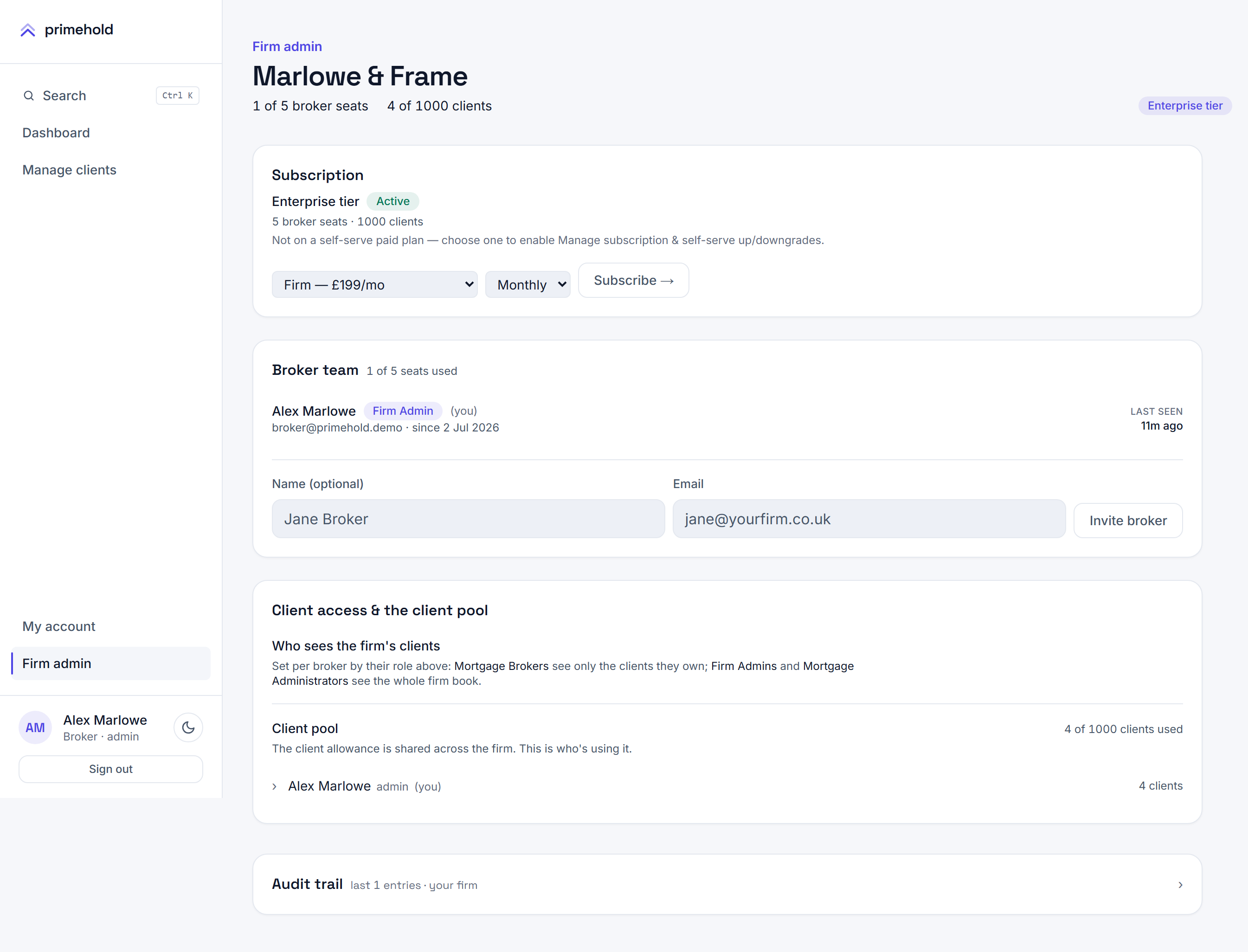 The firm console: firm details with rename, and the broker team panel with an admin badge and an add-broker form